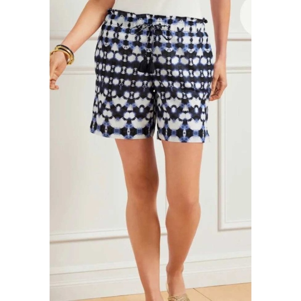 TALBOTS WOMEN'S PAPERBAG SHORTS SHIBORI GEO PRINT blue white COTTON NWT SMALL